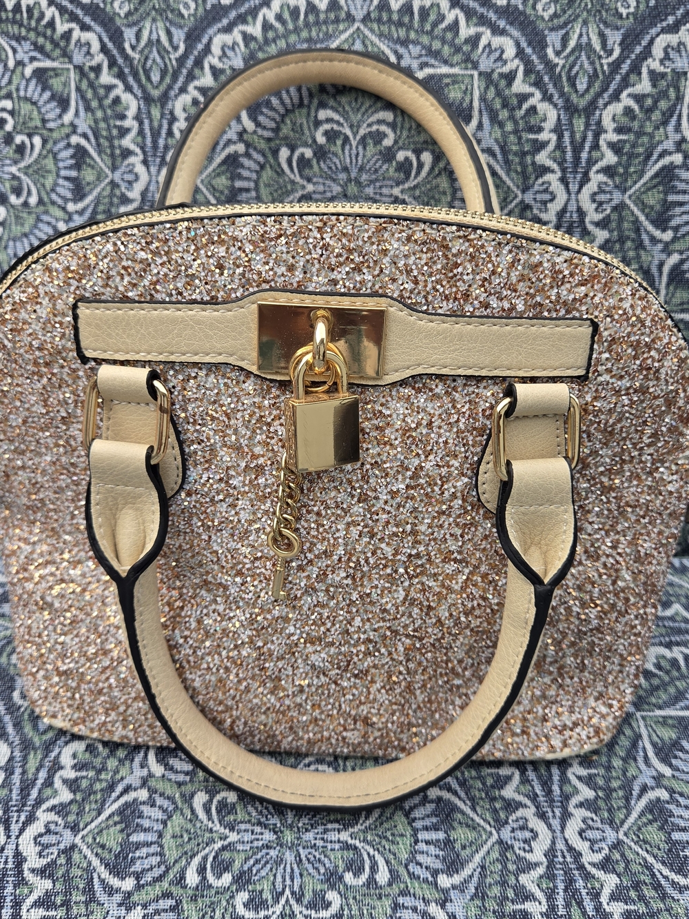 Aldo Barland Dome Satchel Champagne Glitter Sparkle Handbag Gold Hardware